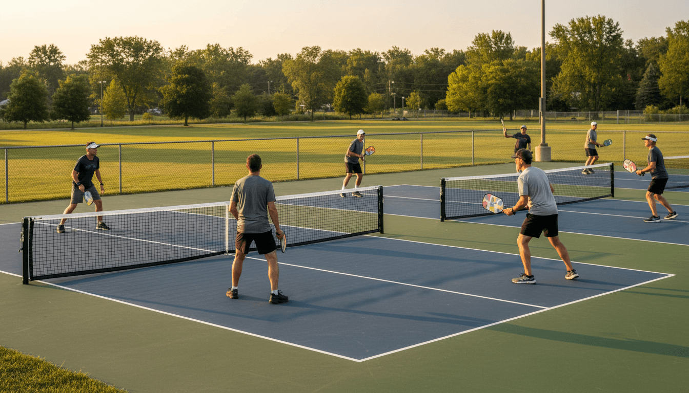 Players enjoying pickleball on multiple brand-new courts at Emdaabiimok Park with modern facilities