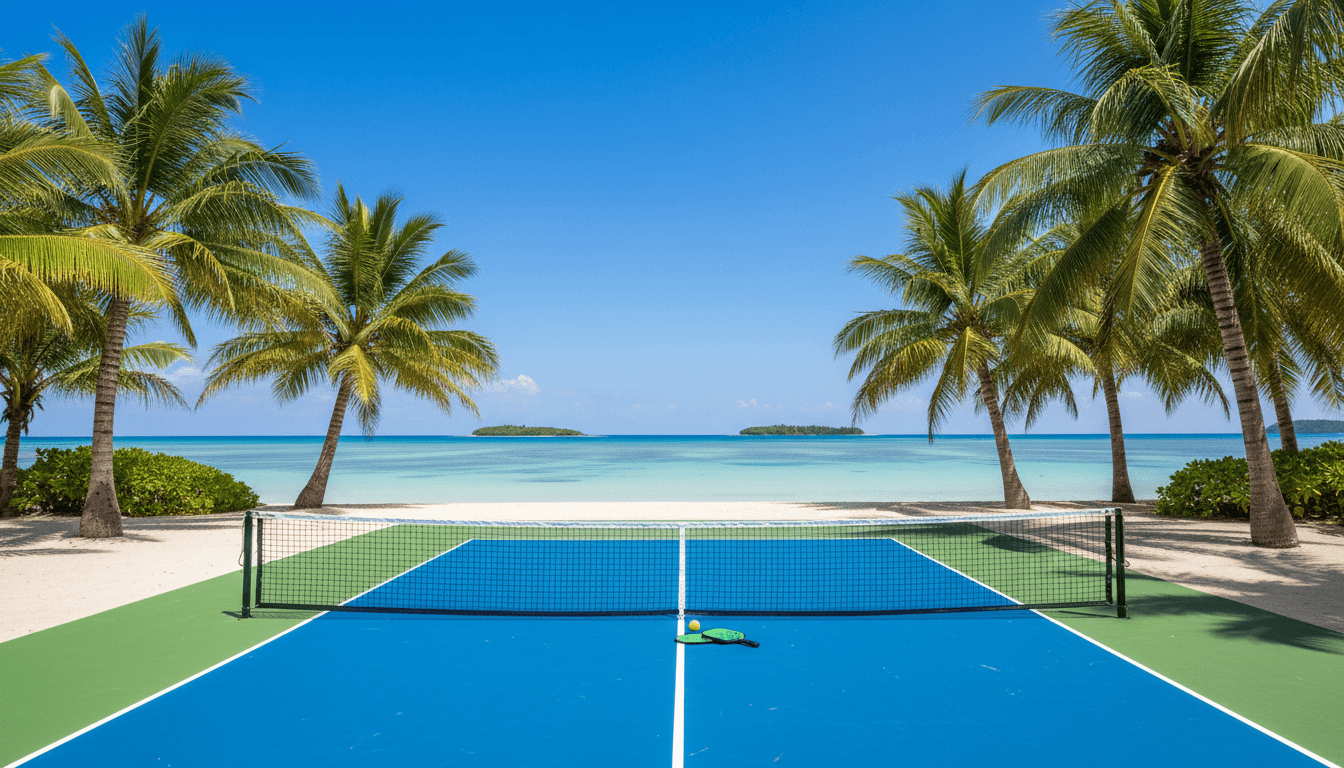 Tropical beachfront pickleball court with turquoise water and palm trees
