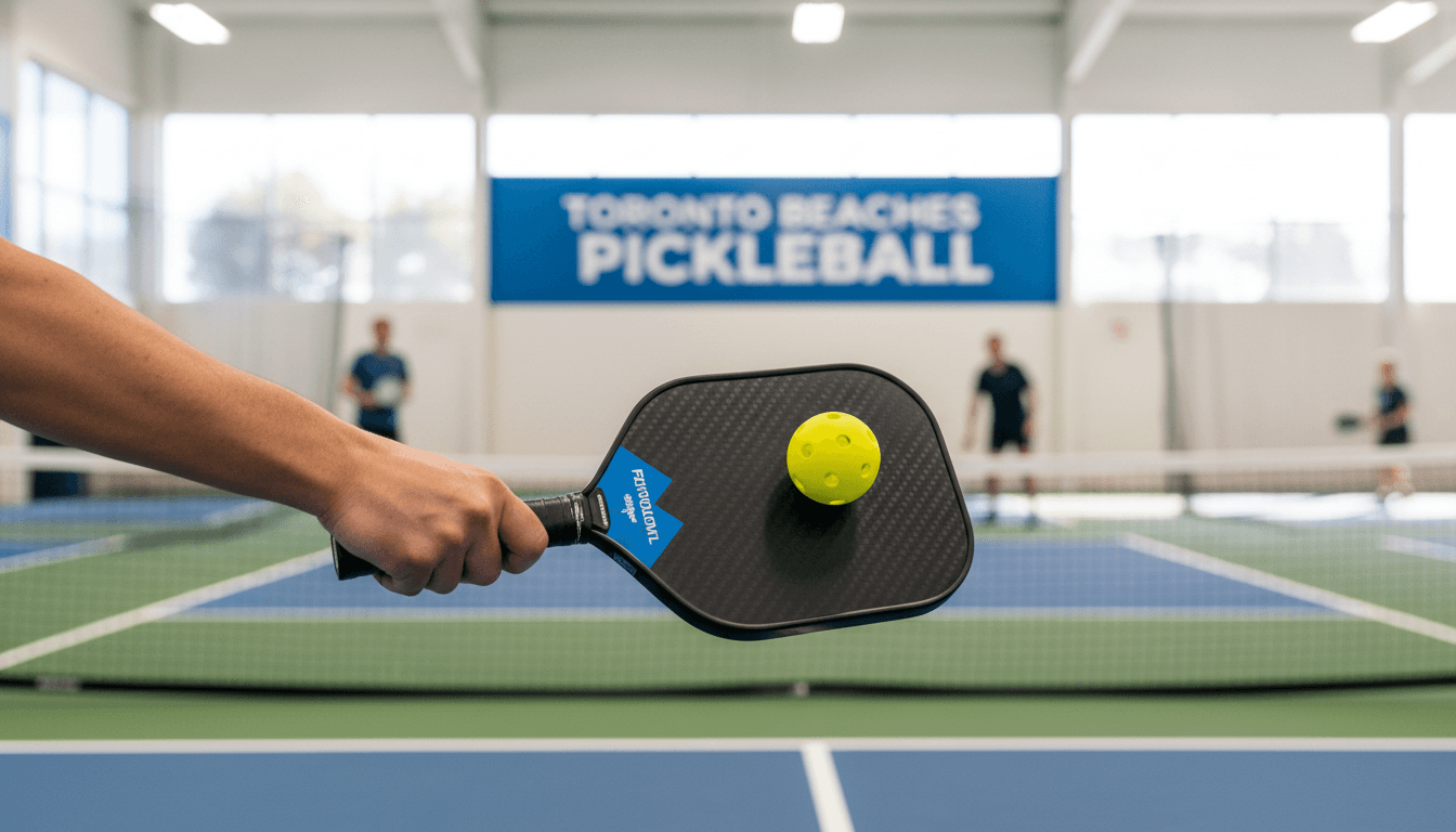 Close-up of pickleball paddle hitting ball, showcasing swing technique