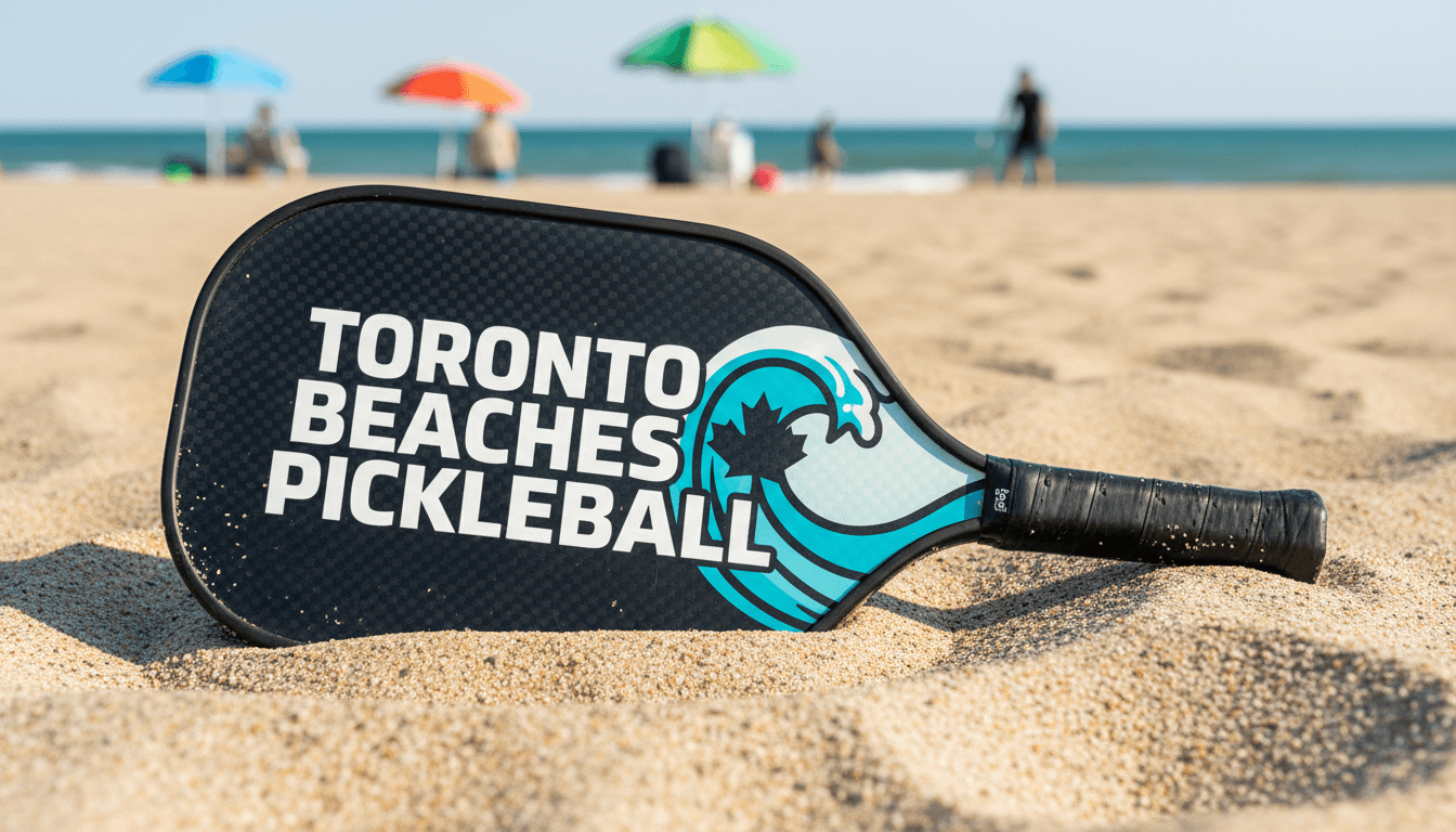 Pickleball paddle on sandy beach with 'Toronto Beaches Pickleball' text