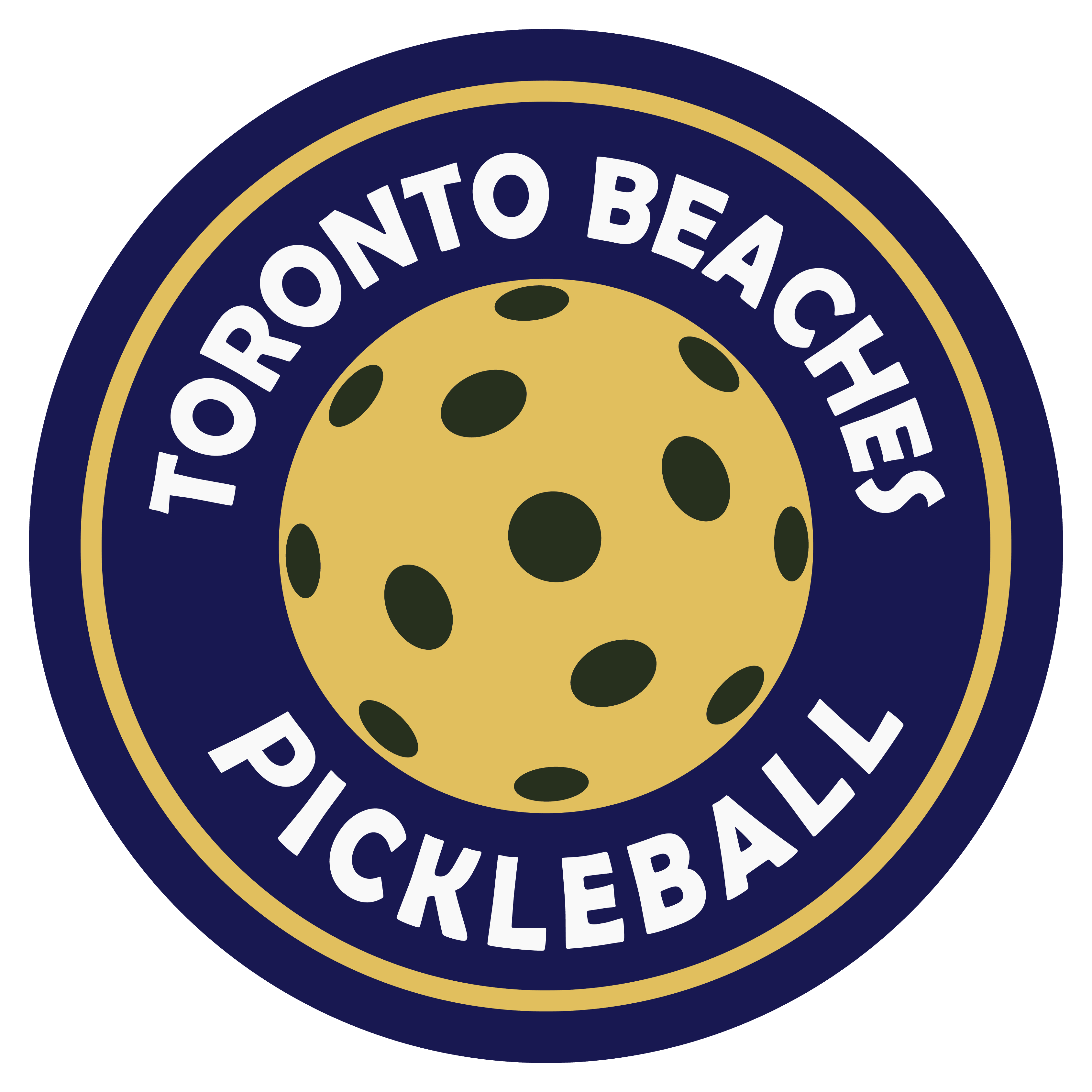 Toronto Beaches Pickleball circular logo with a yellow pickleball and white text on navy blue.