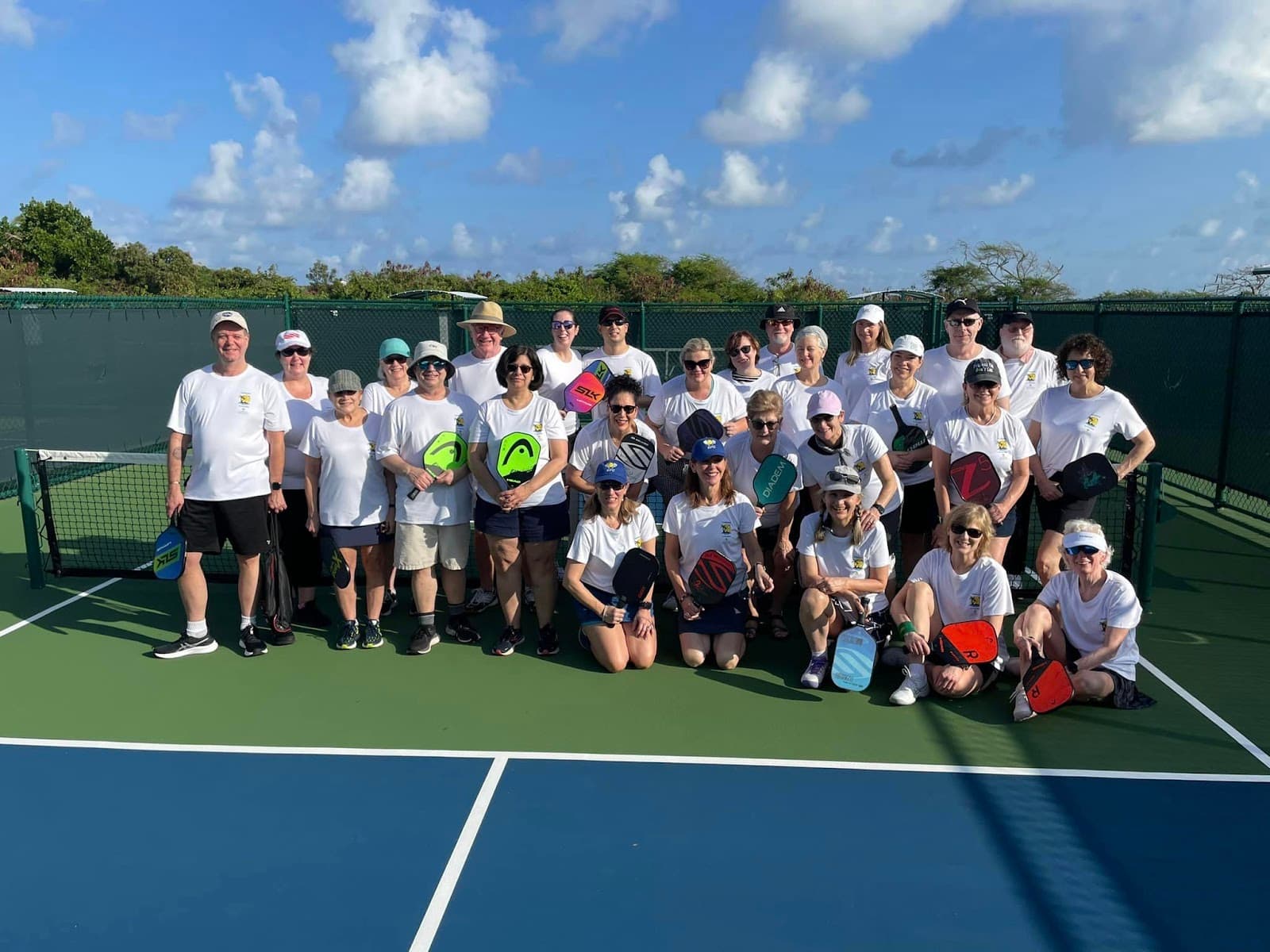Pickleball players in white shirts posing with paddles on a sunny outdoor court.